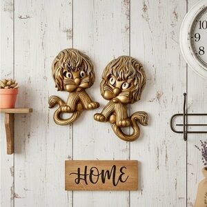 Vintage Homco Mid Century Gold Lion Cubs Wall Plaques 70s Wall Decor